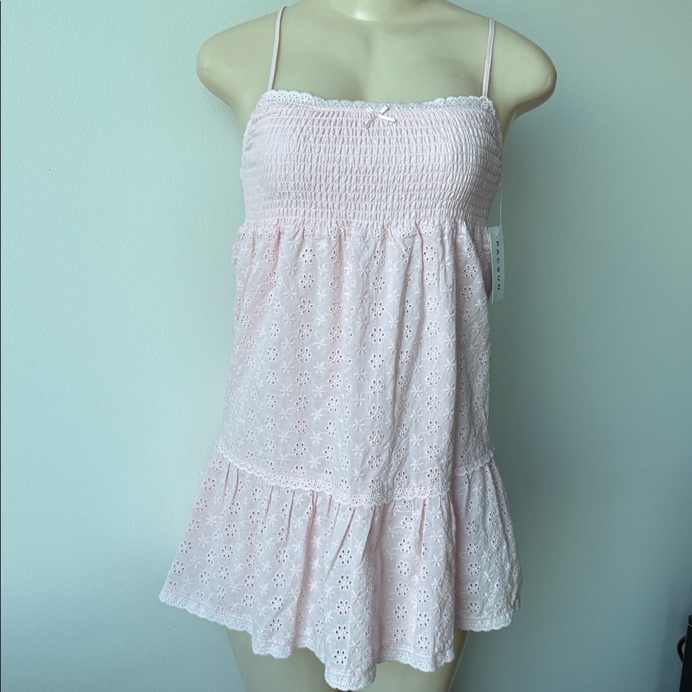 PACSUN La Hearts Dress Pink Eyelet Mini Smocked Babydoll Y2K Size XS Coquette